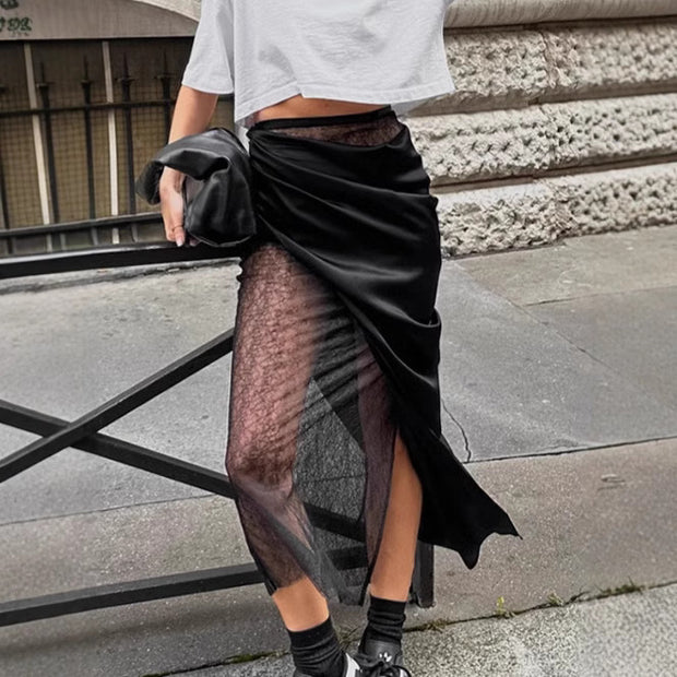 Black wrapped lace fart curtain skirt women's fashion asymmetrical splicing A-line skirt