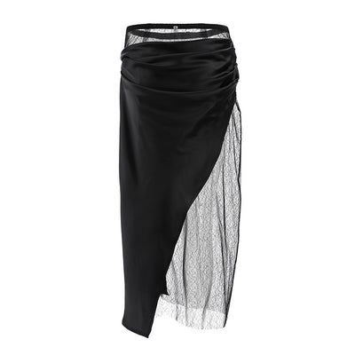 Black wrapped lace fart curtain skirt women's fashion asymmetrical splicing A-line skirt