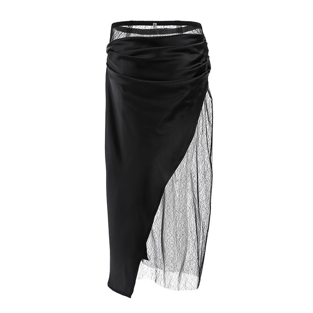 Black wrapped lace fart curtain skirt women's fashion asymmetrical splicing A-line skirt