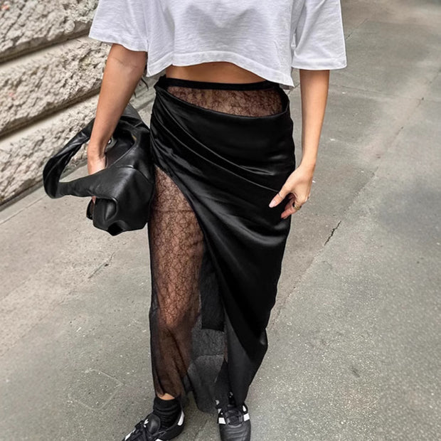 Black wrapped lace fart curtain skirt women's fashion asymmetrical splicing A-line skirt