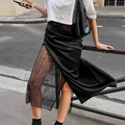Black wrapped lace fart curtain skirt women's fashion asymmetrical splicing A-line skirt